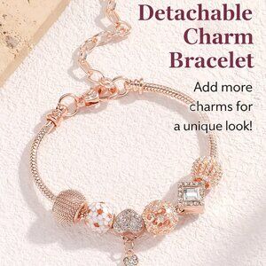 Elegant Rose Gold Pandora Style Charm Bracelet - Sparkly Heart & Key Accents